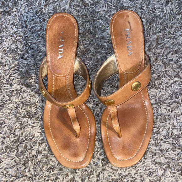 Prada Sandals Light Brown Studded Gladiator Thong Sandal/Kitten Mules - Picture 9 of 10